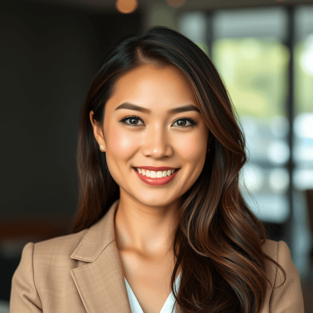 Smiling woman with long hair wearing a beige blazer, indoor setting.