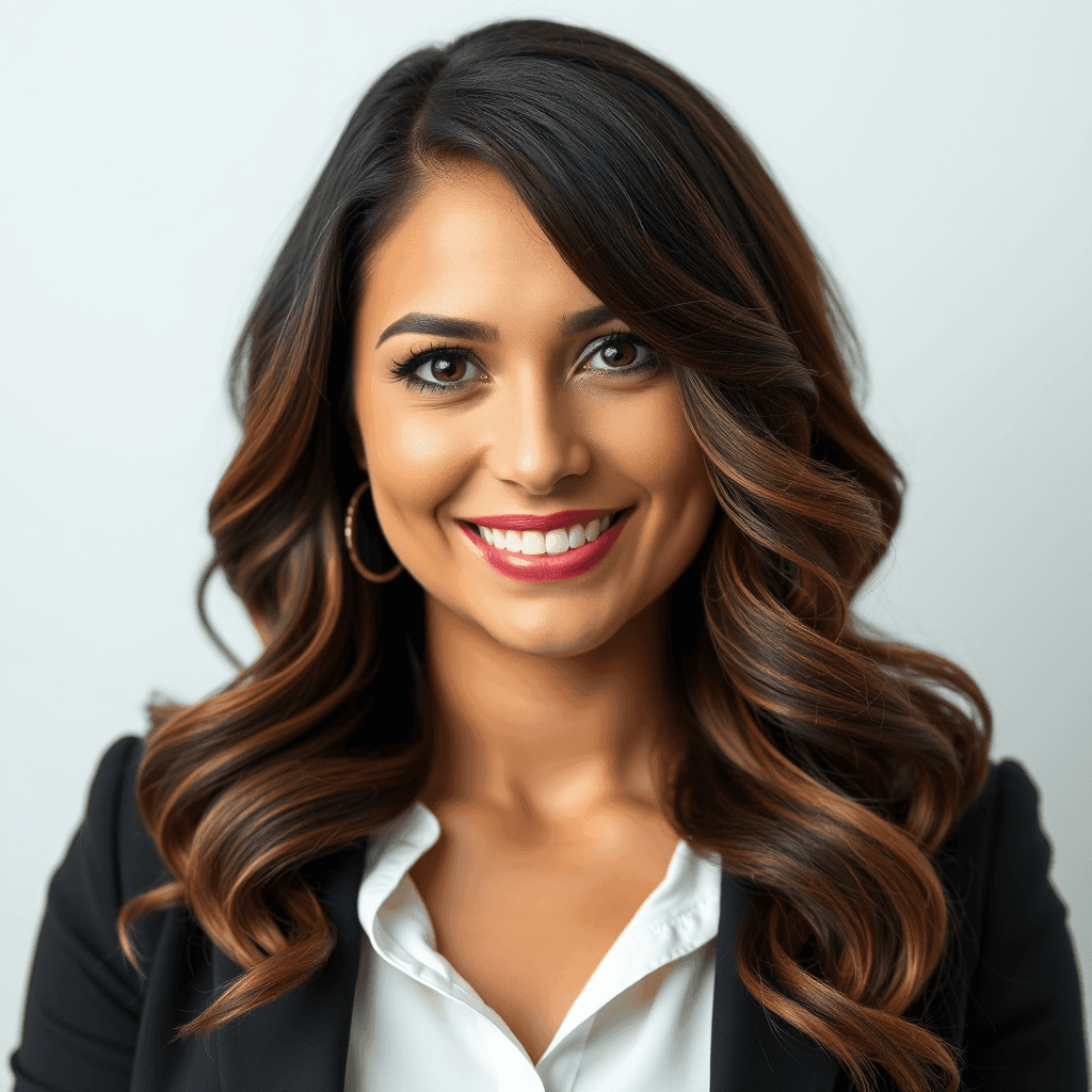 Person with long, wavy brown hair wearing a white blouse and black blazer.