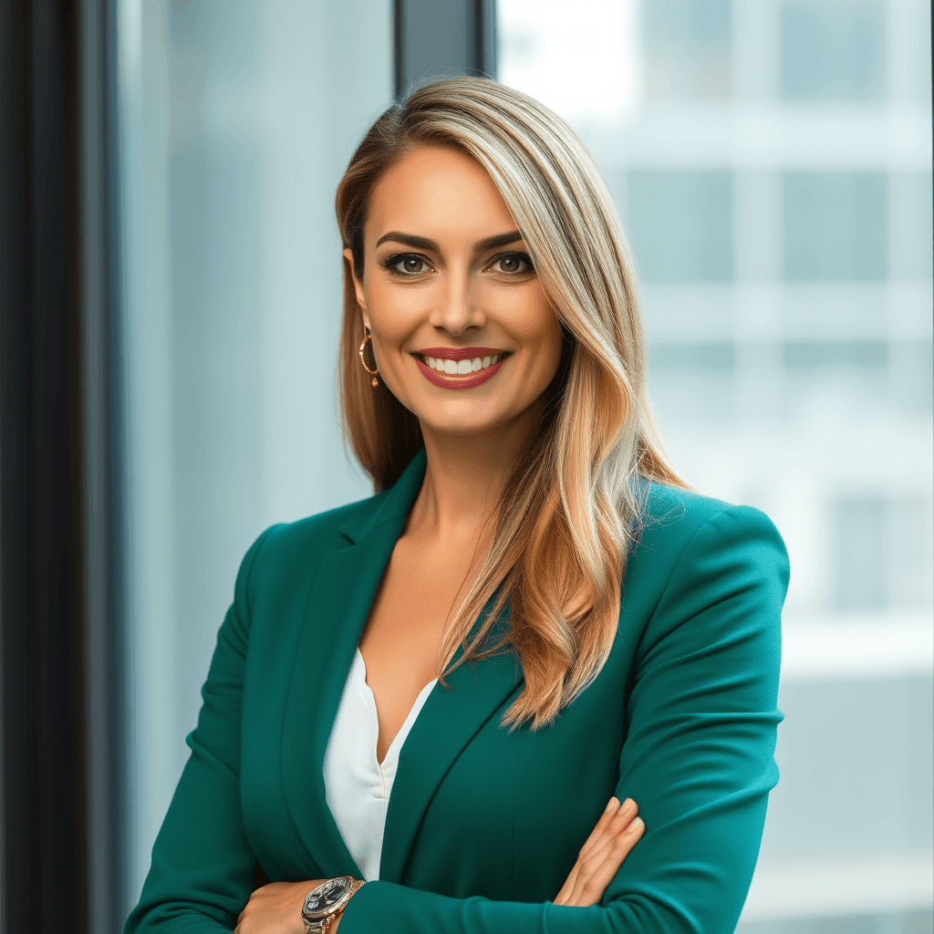 Smiling woman in a green blazer standing indoors with arms crossed.